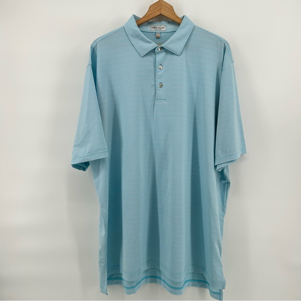 Peter Millar Summer Comfort Polo Mens 2XL Blue Pink Stripe Golf Shirt Preppy‎